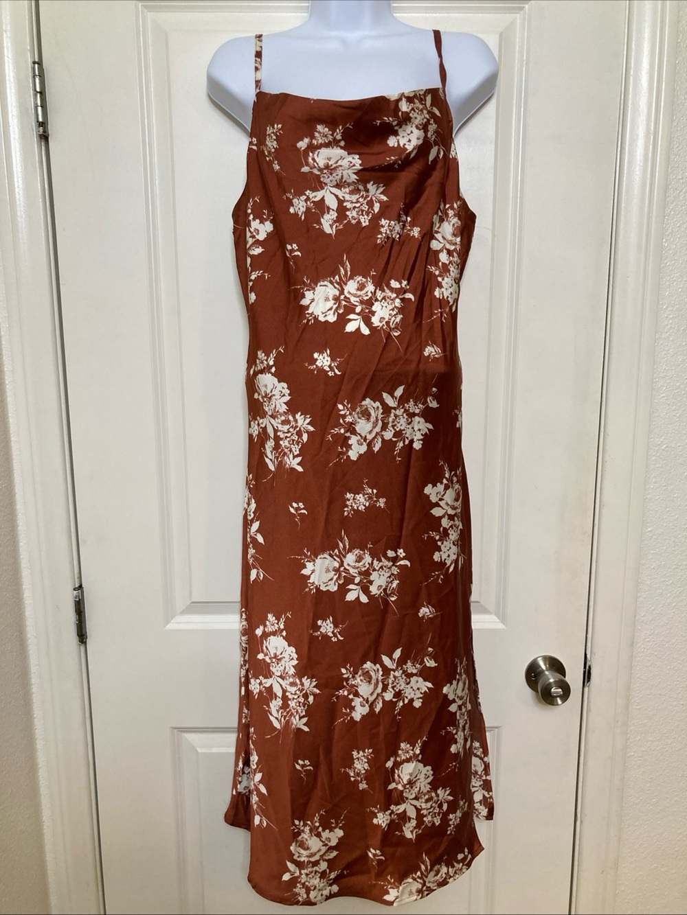 Y2K Floral Brown Slip Dress Cowl Neck Forest Fairy Boho Cottagecore Sz XL